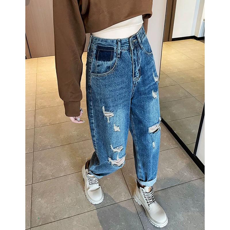 Product Introduction of Quần Jean Baggy Nữ BigSize Lưng Cao Rách bụi, Phong Cách Hàn Quốc, Màu Xanh Đá Đậm Rách 3006 3007 Lưng Chun Denim Pants Women 10