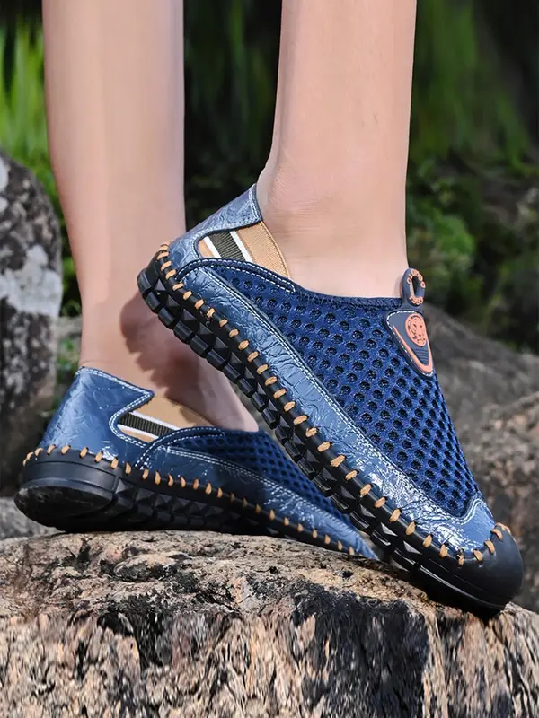 CLOHOO Men's Sporty Patchwork Low Top Slip on Mesh Pu Leather Sneakers, Casual Comfortable Breathable Rubber Sole Shoes, Fashionable Sneakers for Daily Wear Vacation 3