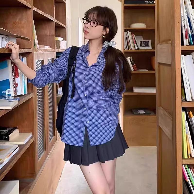 Áo Sơ Mi Nữ Kẻ Caro Xanh Thêu Ngựa Freesize Form Rộng Cotton Mềm Mại | SUBICI