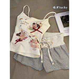 ชุดนอนลูกสุนัขพิมพ์ลาย, เสื้อชั้นในการ์ตูนน่ารัก, สำหรับผู้หญิง, สไตล์ใหม่ในฤดูร้อน, พร้อมแผ่นรองหน้าอก, น่ารักและเซ็กซี่, กางเกงขาสั้นลายทางเซ็กซี่, OOTD