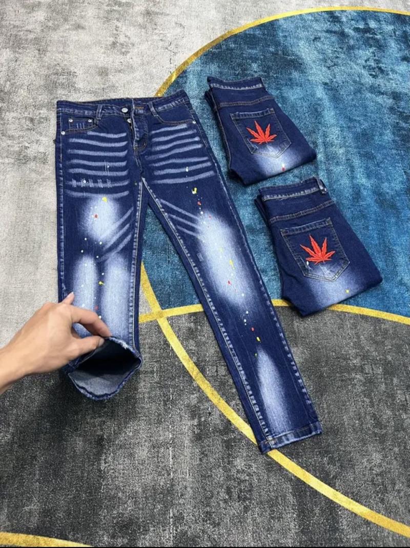 Product Introduction of Quần jean nam xanh dài thêu lá phông đỏ bản 4 cúc Pants Menswear Có Túi 21