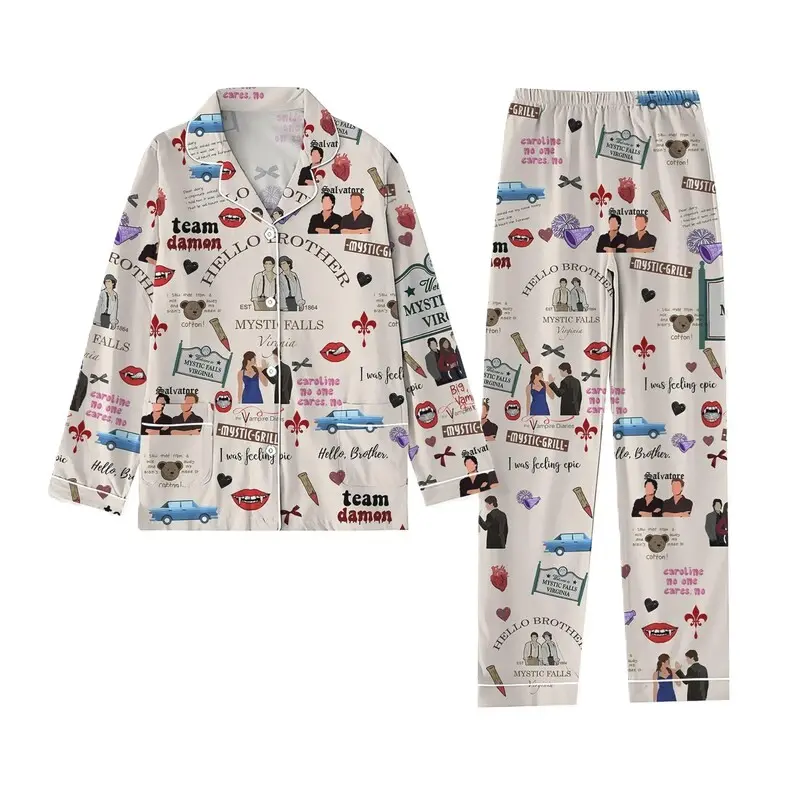 Vampire Diaries Pajamas Set, Vampire Tv Series Pajamas, Hello Brother Matching Pajamas, Salvatore Family Pajamas, Horror Movie Fan Gift Fabric Loungewear 0