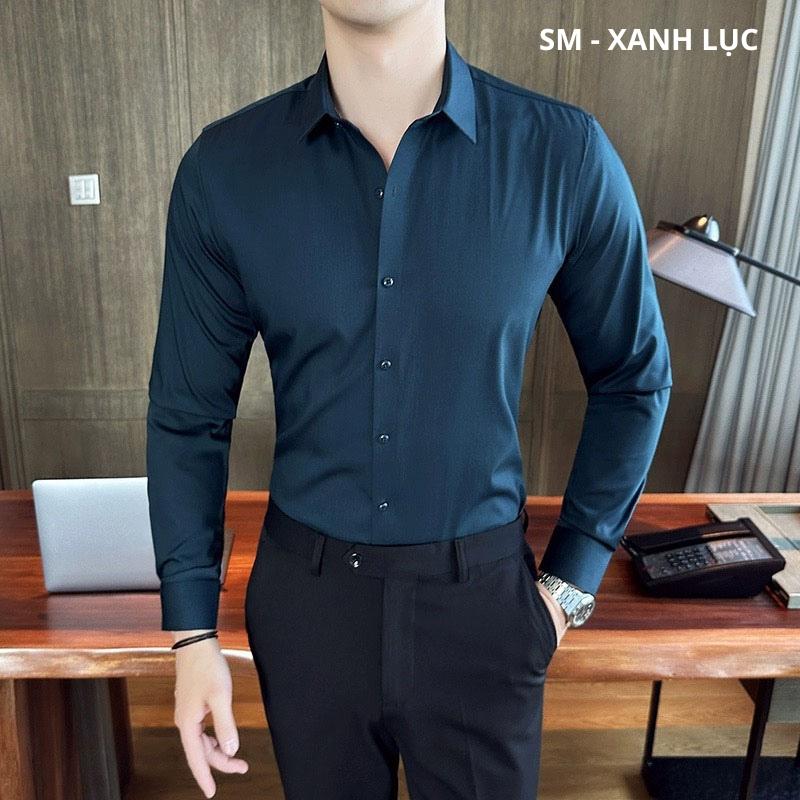 Áo sơ mi nam màu xanh Lụa cao cấp không nhăn , dáng ôm Hàn Quốc , thời trang công sở trẻ trung Menswear