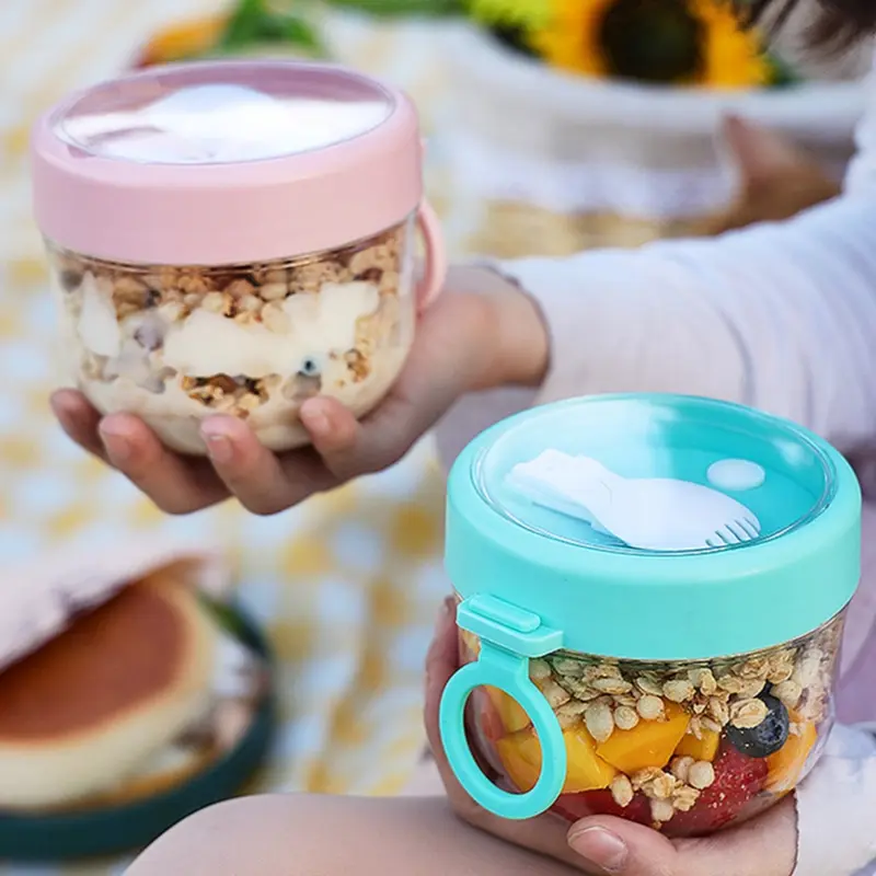Hộp đựng yến mạch qua đêm, Dung tích 600ml, Chống rò rỉ, có nắp và thìa, Thích hợp cho ngũ cốc, sữa chua, bữa sáng, khi đang di chuyển, lọ yến mạch, hộp đựng đồ ăn Nhẹ 0