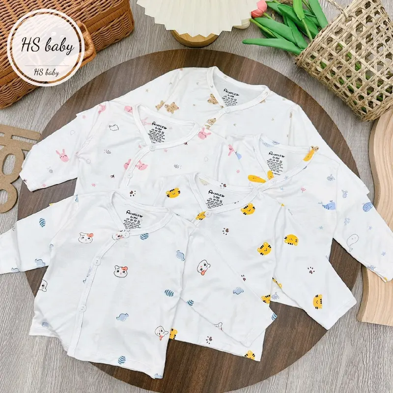 combo 5 Áo Thun Lạnh Ava Sơ Sinh Vạt Lệch Mầu Trắng Họa Tiết, Áo Cộc Tay Thun Lạnh Sơ Sinh 5