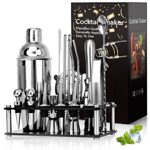 Stainless Steel Bar Set, 1 Set Cocktail Shaker Set with Acrylic Stand & Cocktail Recipe Manual, Professional Bar Tools for Home, Bar, Party