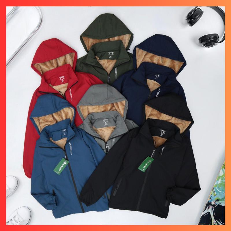 40-90kg Áo khoác gió nam nữ lót lông cừu vải tráng bạc chống nước,chống gió caen bụi có mũ tháo rời