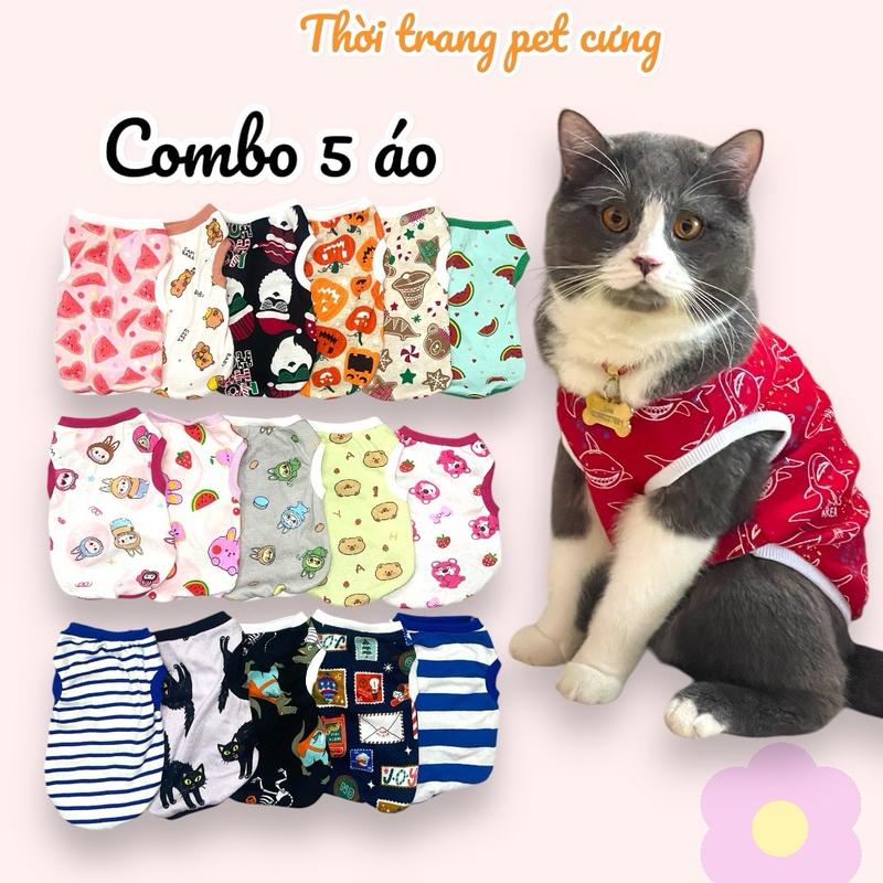 Combo 5 áo thun ba lỗ cho chó mèo vải co giãn thoáng mát