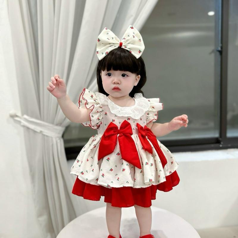 Đầm Lolita Hoa Hồng Đỏ Đính 2 Nơ Kèm Băng Đô Và Quần Chip Cho Bé Gái 4-12kg