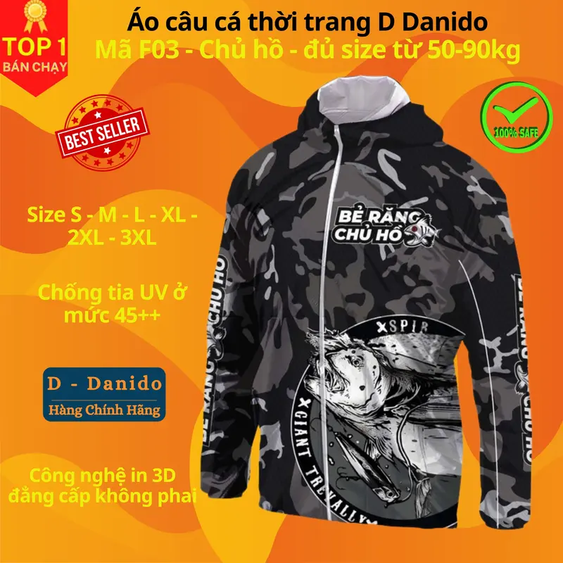 Áo câu cá thời trang chống nắng F03 đen trắng đủ size từ 50-85kg - Áo đi câu chất liệu chống tia UV cao cấp D Danido Sport 1