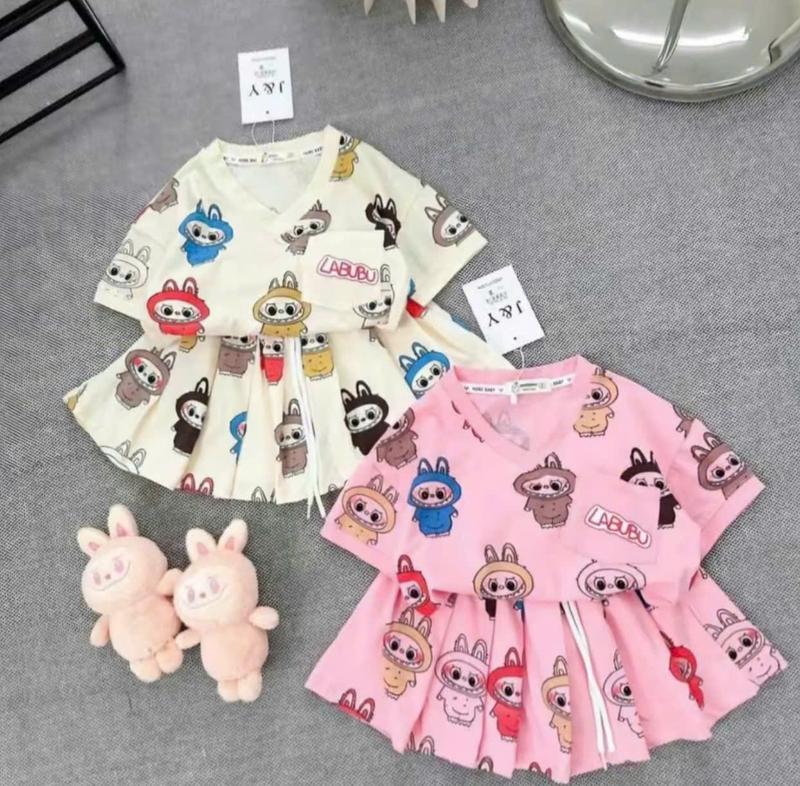Bộ đồ bé gái mẫu váy xếp ly LABUBU C.L 2 màu BE , HỒNG chất cotton mềm sz 9-44kg quần áo bé gái mùa hè váy