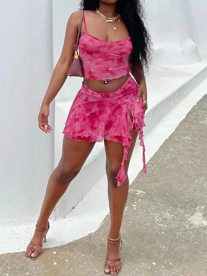 Product Introduction of Women's Tie Dye Print Bow Decor Crop Cami Top & Split Hem Tiered Layer Skirt Two-piece Set, Sexy Spaghetti Strap Crop Top & Ruffle Trim Skirt, Ladies Summer Clothes for Holiday Vacation Valentine's Day, gift 3