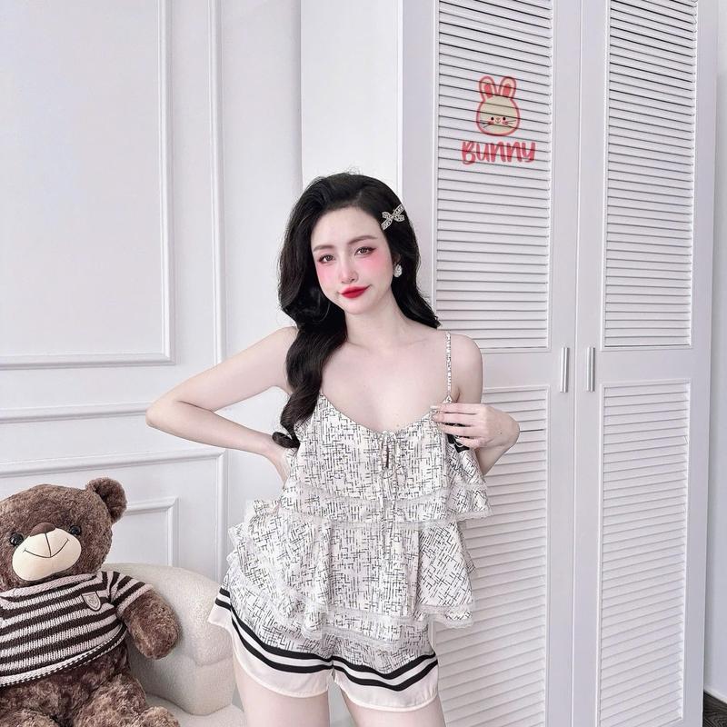 Bộ ngủ 2 dây Bunny cao cấp phối ren Đồ bộ 2 dây phối ren tầng cao cấp dành cho nữ lụa latin cao cấp mềm mại mát mẻ Bộ 2 dây sang chảnh Women đồbộ mặc nhà d ễ thương 0