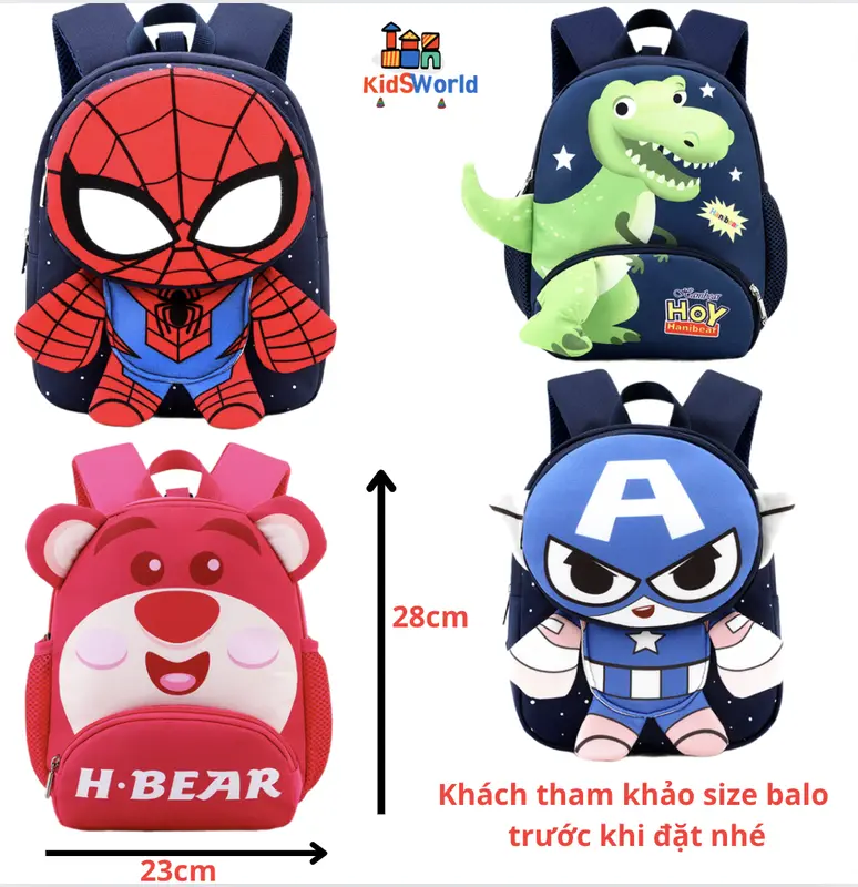 (Tặng Thẻ Tên) BaLo Cho Bé Đi Học Mẫu Giáo, Hình Gấu Dâu, Hình Siêu Nhân, Hình Khủng Long, kícḣ Thước 28*13*22cm Ba lô Hành lý balo  bé Kem 0