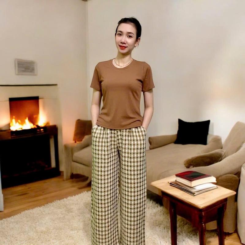T151 Đồ bộ thun nữ Áo thun Cổ tròn Tay Ngắn phối Quần Suông rộng 3