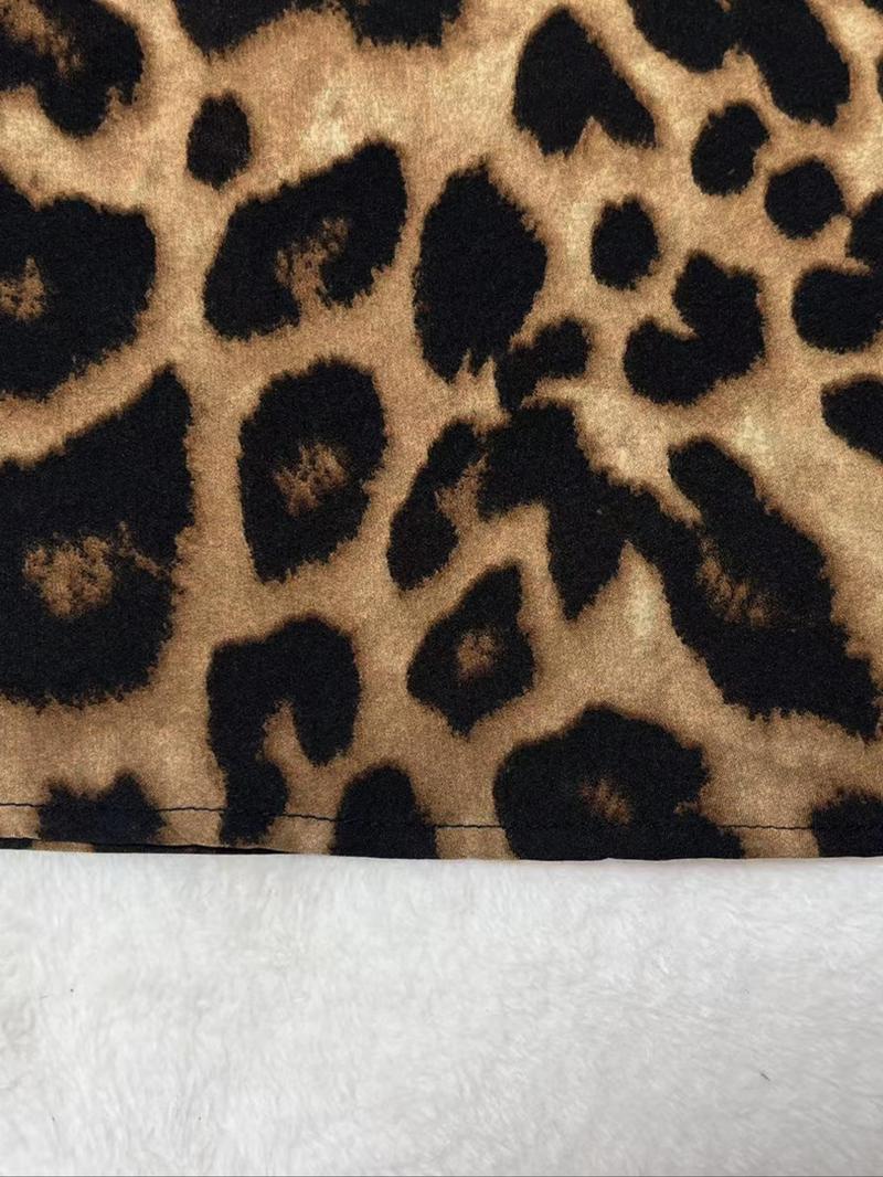 Product Introduction of 【Plus Size】 Leopard Print Notched Neck Dress, Casual Bishop Sleeve Dress for Spring & Fall, Women's Clothes for Daily Wear 9