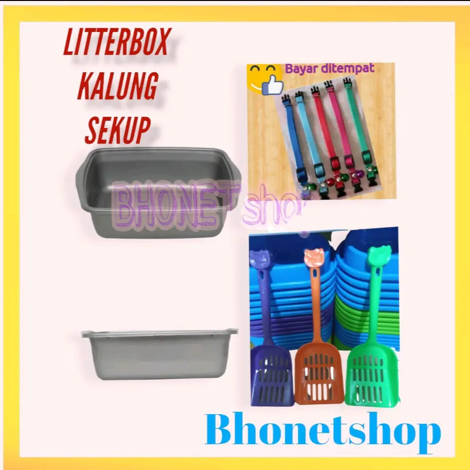Paket litterbox bak+sekup+kalung kucing lucu hemat 1set bak pasir kucing