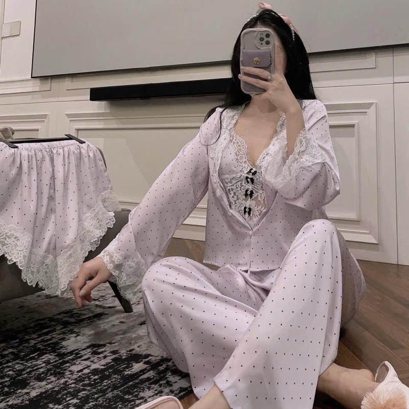 SP.666 Set bộ ngủ lụa 4 món áo hai dây kèm đệm, quần cộc, áo dài và quần dài hoạ tiết chấm bi hàng Quảng Châu cao cấp 1