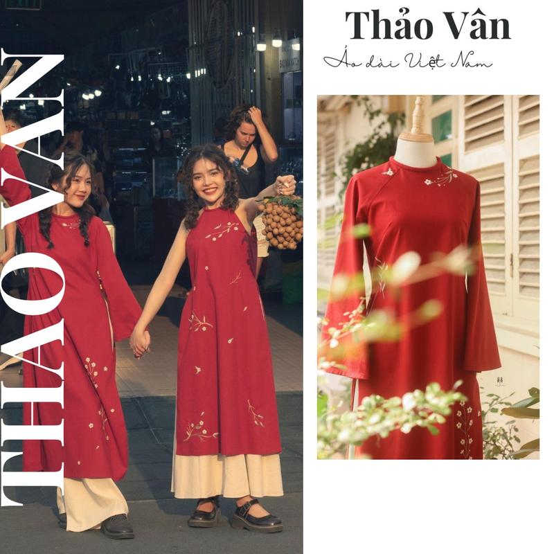 Áo Dài Tết - Áo Dài Cách Tân Màu Đỏ Cổ Tròn Nhung Tăm Dáng Suông Thêu Tay Cao Cấp- cover Unifarm - Áo Dài Thảo Vân Nữ Women Dress
