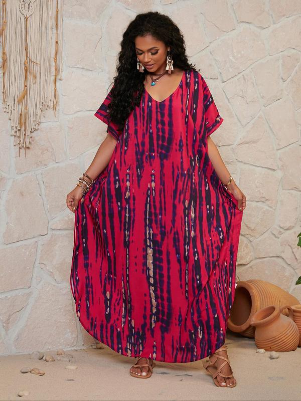 Plus Size Tie Dye Print Butterfly Sleeve Split V Neck Dress, Boho Casual Half Sleeve Dress for Daily Holiday Vacation Wear, Women's Plus Clothing for Summer 2