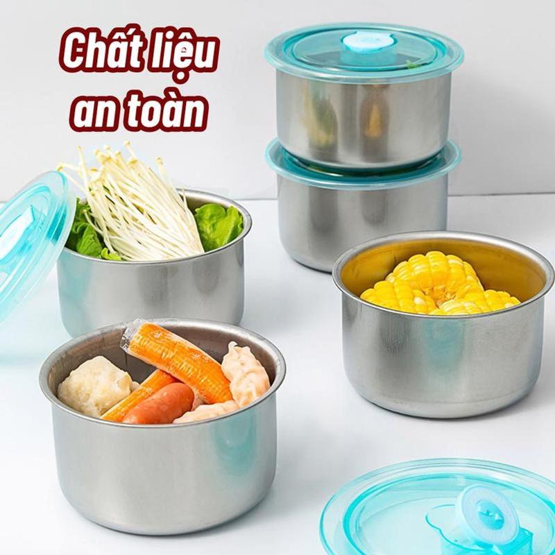  Combo 5 hộp inox tròn đựnġ đồ ăn để tủ lạnh ngăn mùi có nắp dễ dàng bảo quản size 11cm 