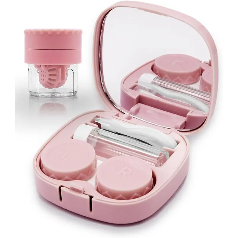 Contact Lens Case with Cleaner Washer, Travel Pocket Size Cute Contact Lenses Applicator Removal Tool Kit with Mirror, Contact Lens Storage Box for Home Outdoor, Travel Essentials