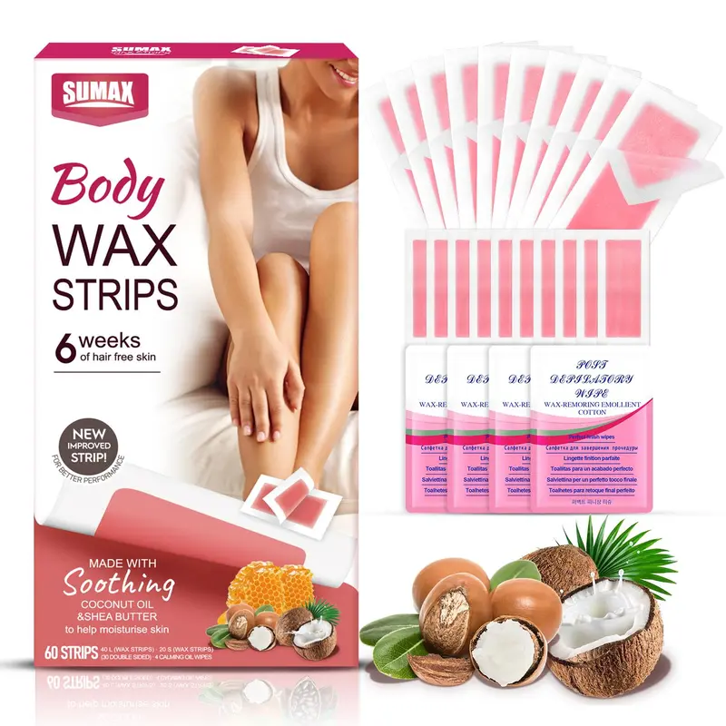 Body Wax Strips, 60pcs/box Non-permanent Hair Removal Wax Strips, Hair Removal Wax Strips for Face, Body, Legs, Arms, Underarms 2