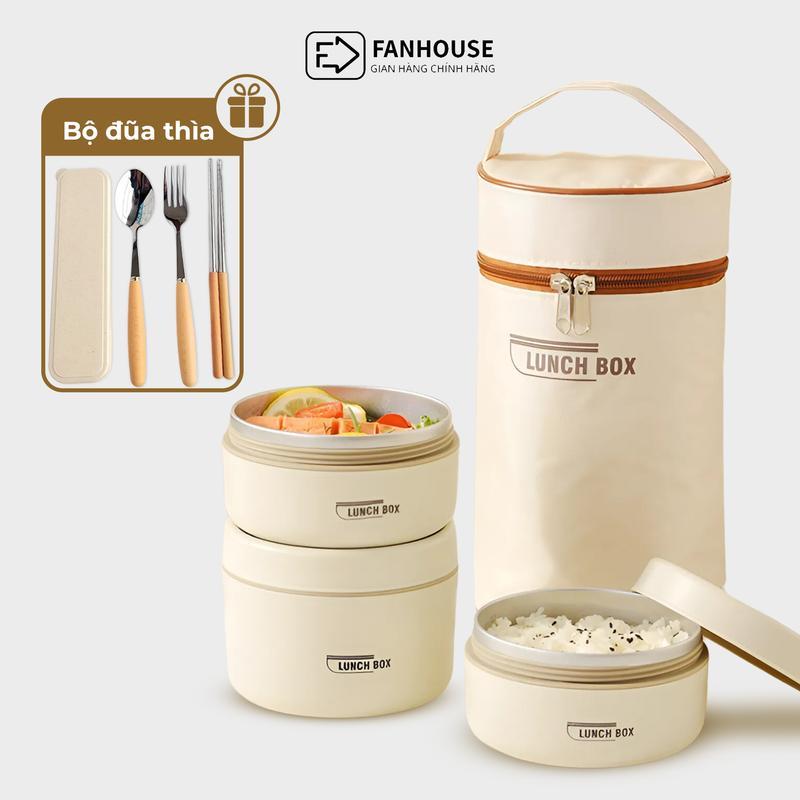 Hộp cơm giữ nhiệt 3 tầng Lunch Box 1500ml hộp đựng cơm giữ nhiệt inox 304 Fan House tặng sticker, bộ đũa thìa, cốc canh Melon Nè