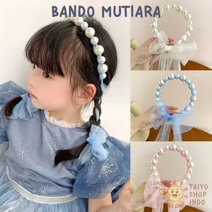TAIYO Bando Mutiara Pita Anak Perempuan Bandana Tali Panjang Bisa Kepang Fashion Korea Aksesoris Cewek