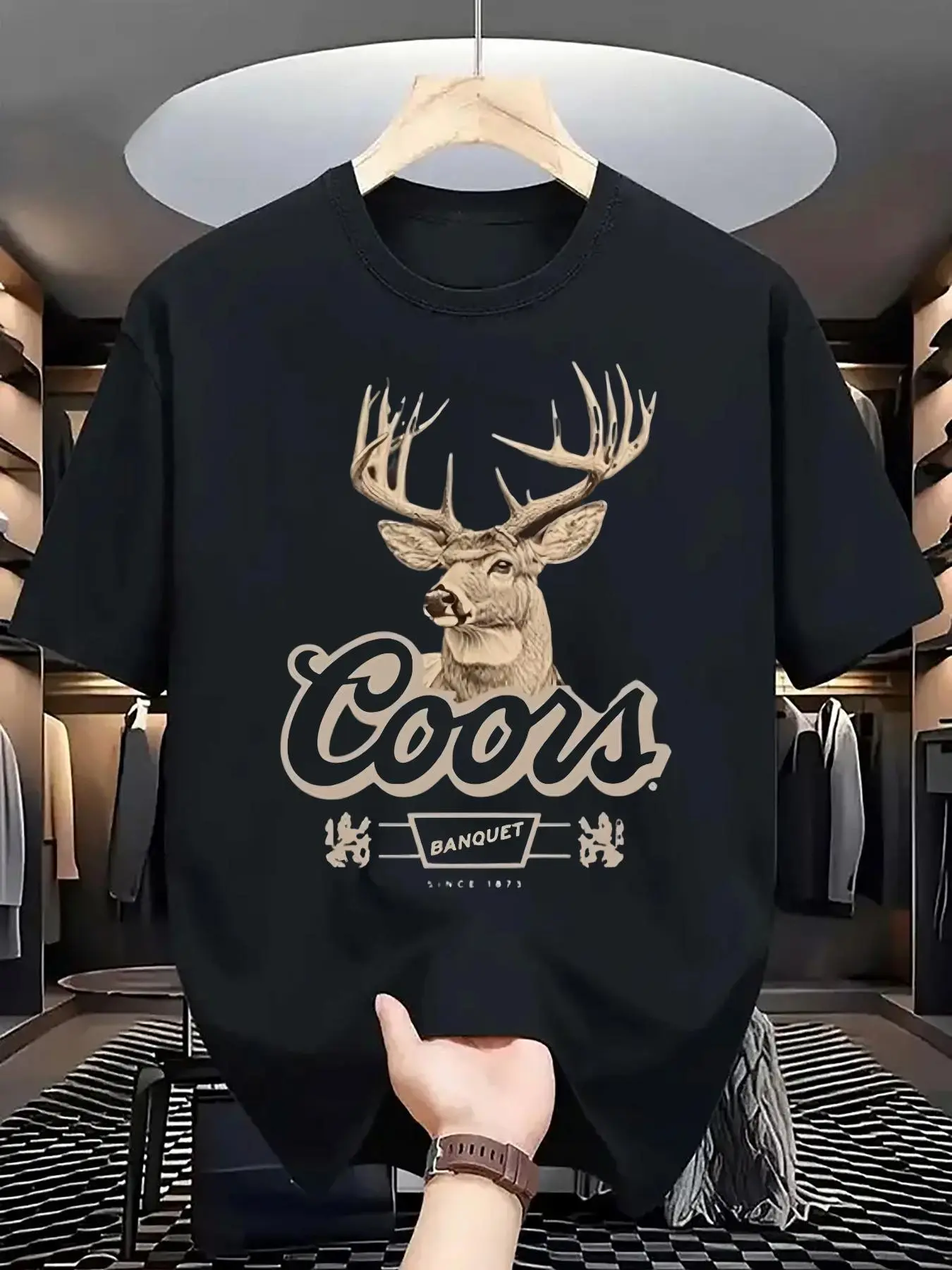 Men's Regular Fit Deer Head & COORS Letter Print Round Neck Tee, Casual Short Sleeve Crew Neck T-shirt for Summer, Fashion Men's Top for Daily Wear, Tropical