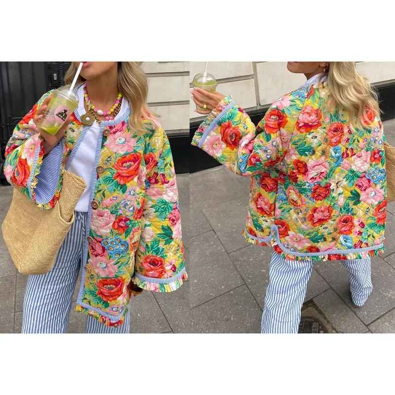 Product Introduction of Women Winter Loose Quilted Jacket Floral Print Button Down Long Sleeve Padded Coat Warm Outwear 33