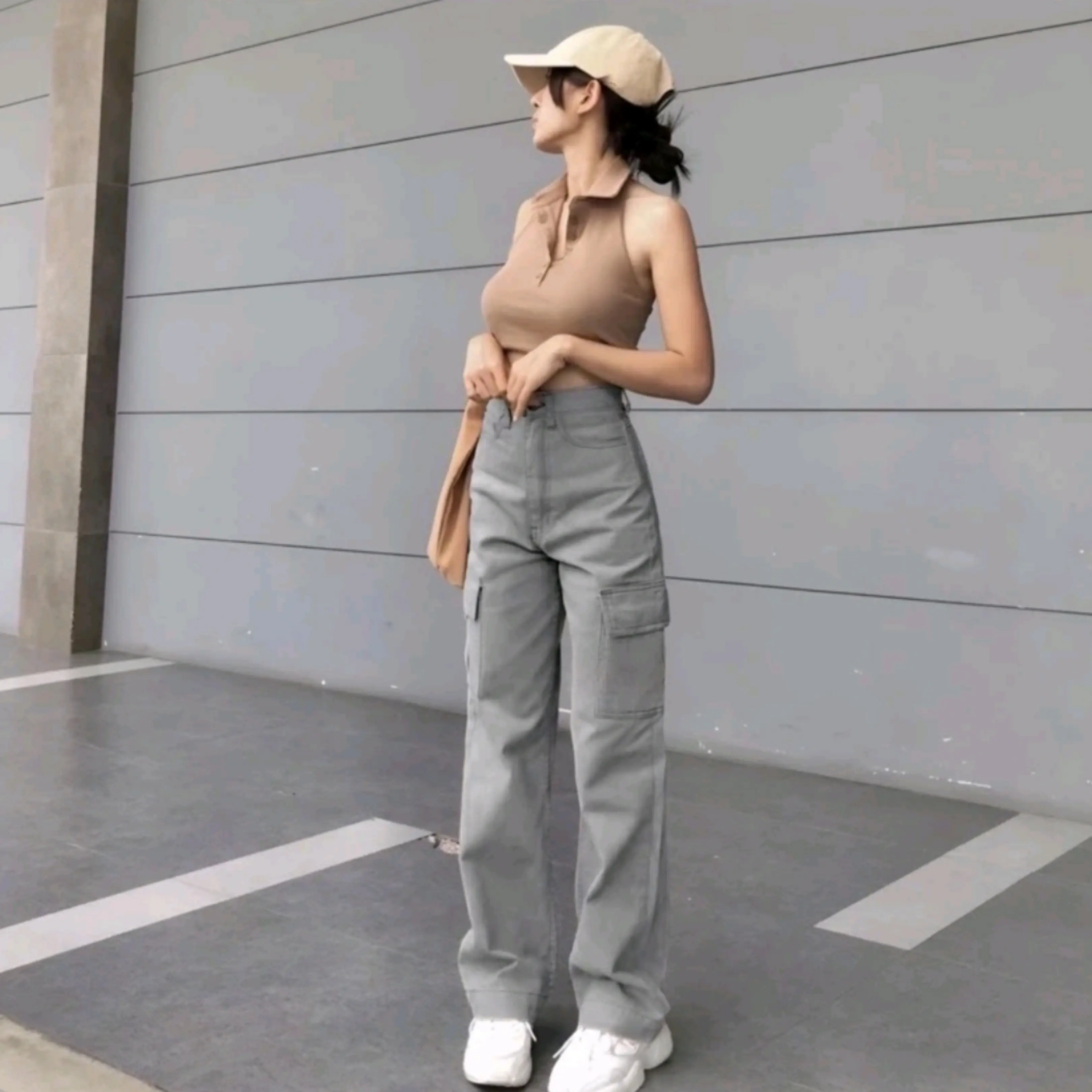 Highwaist Cargo Jeans Loose Wanita - Kulot Jeans Cargo wanita - Cargo Jeans Tebal 13oz korea style Celana Panjang