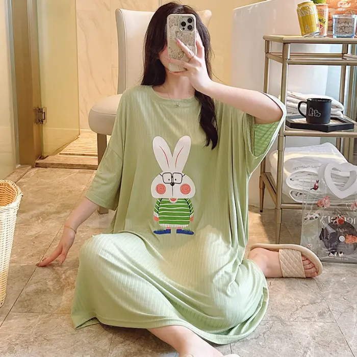 Pyjamas women 2XL-5XL Night dress Plus size Sleepwear Woman Mercerized cotton Summer Short sleeve Pajamas dress Loose Home wear