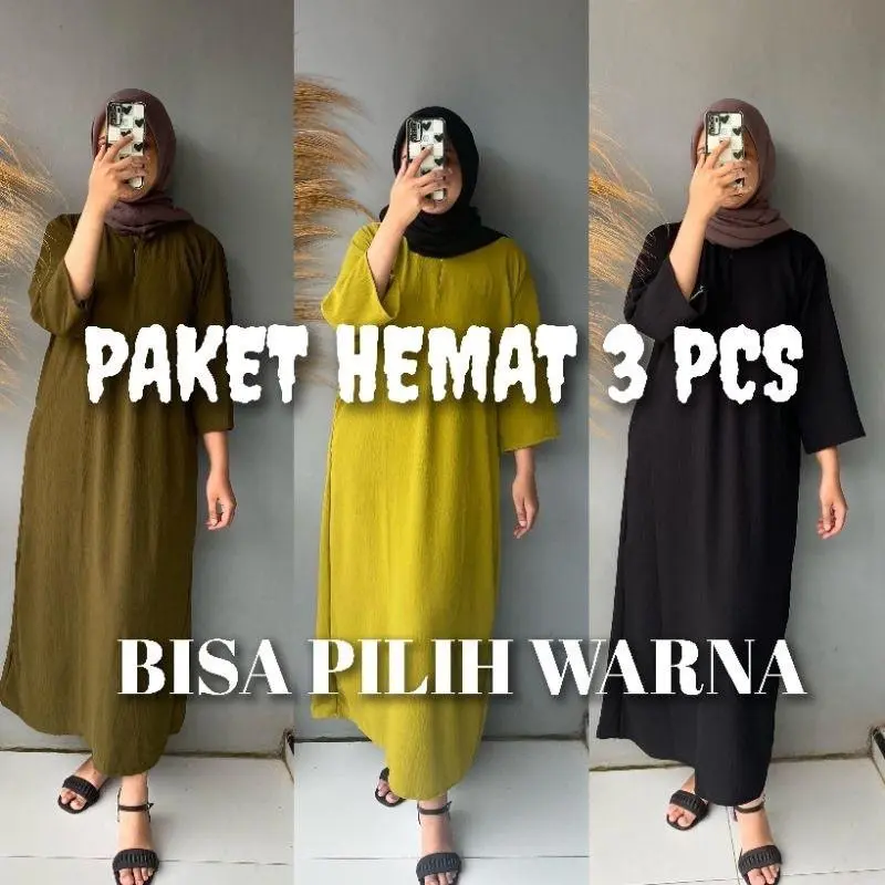 DF Paket Usaha 3Pcs Daster Gamis  Muslim Crinkle Airflow Lengan Panjang 3/4 Nyaman Lembut