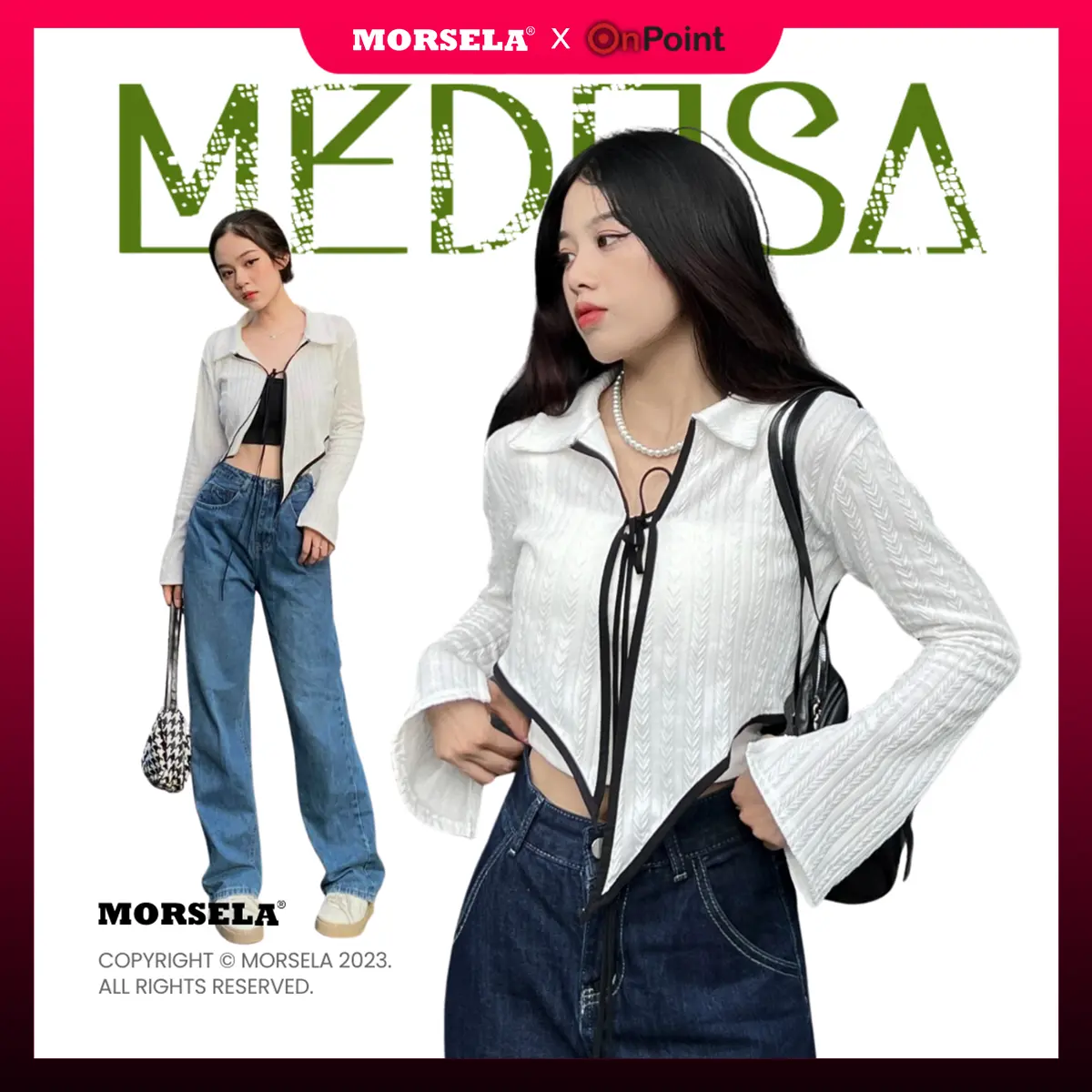 Áo croptop nữ tay dài MORSELA - MEDUSA thắt nơ vạt so le phong cách Hàn Quốc