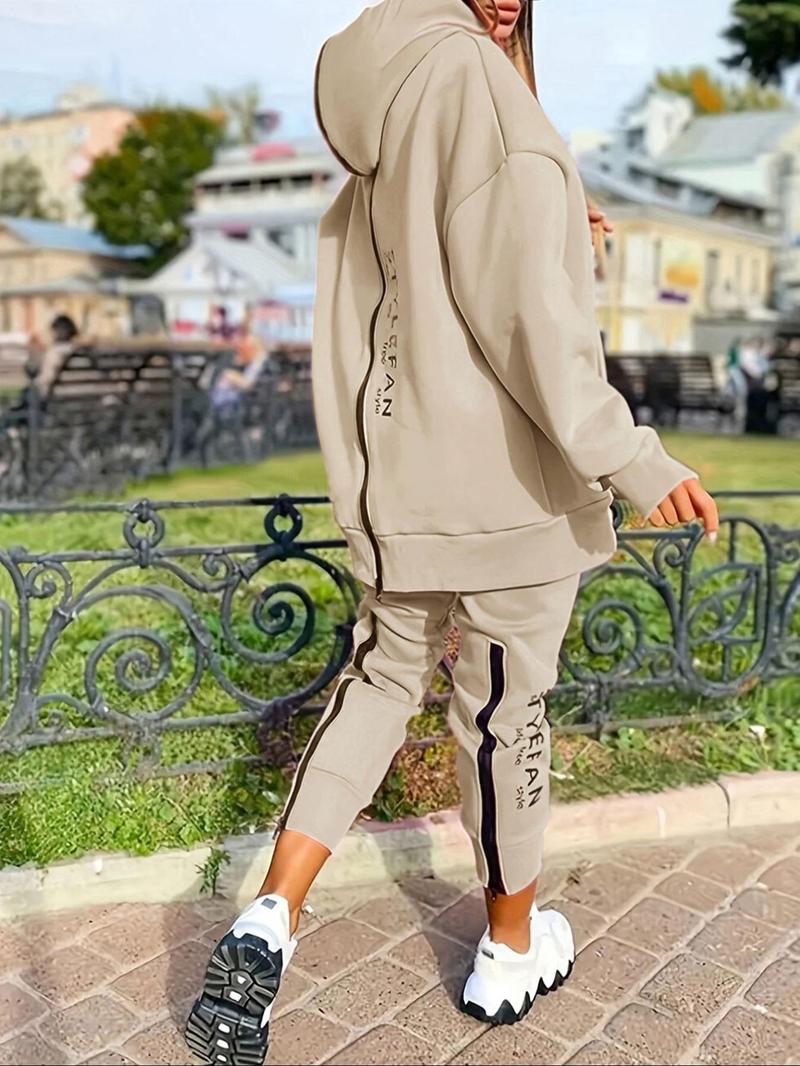 Product Introduction of Women's Letter Print Drop Shoulder Zip Up Hoodie & Pants Two-piece Set, Outfits 2 Piece Set, Casual Fashion Cozy Breathable Two Piece Outfits for Daily Outdoor Wear, Women Clothes for Fall & Winter 8