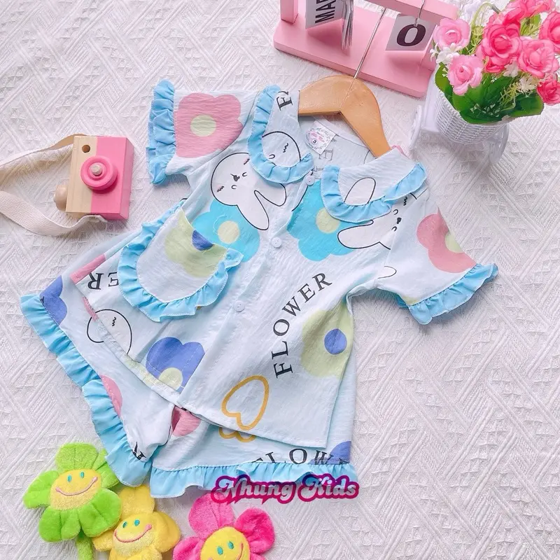 (8-17kg) Bộ pijama cổ tiểu thư Quần ngắn chất vải cotton Hàn mềm mát cho bé gái dưới bốn tuổi 4