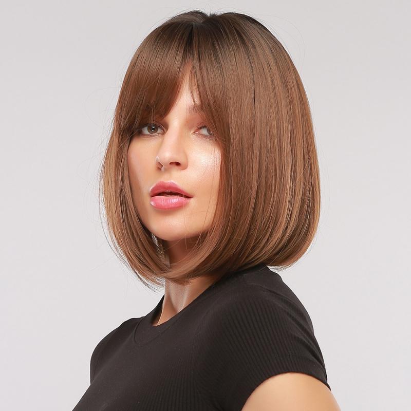 Product Introduction of Dark brown Short Bob hair wigs with bangs Synthetic wig 4