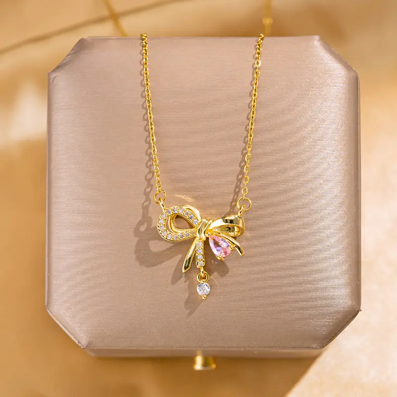 Delicate Elegant Gold Pink Diamond Bowtie Pendant Necklace, Fashionable Geometric Design, Hypoallergenic Zirconia Choker, Light Luxury Versatile Accessory