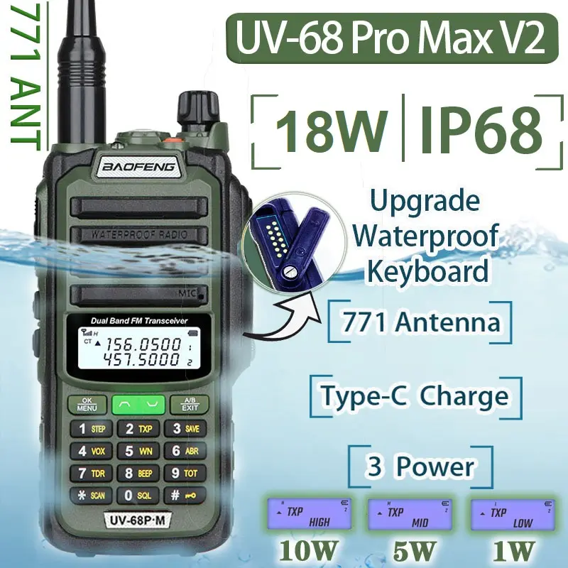 HT BF UV-68 Pro Max Waterproof Walkie Talkie FM Radio VHF UHF18W 9800Mah