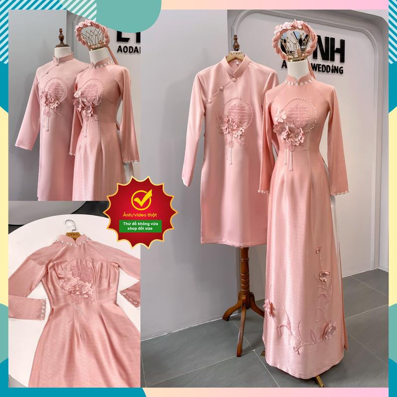Cặp áo dài cô dâu cưới MẦU HỒNG - thiết kế hoa THƯỢC DƯỢC  kèm kết HỈ - Áo dài Lynh Áo Cưới Nữ Váy Cưới