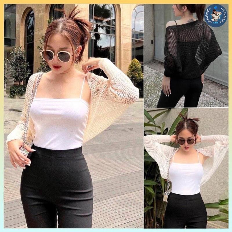 [A023] Áo KHOÁC LEN LƯỚI hàng dệt kim Cardigan Quảng Châu tay dài mỏng dáng lửng đi biển xinh xắn dễ phối đồ - L2M (Top Len Nữ Nhung Women ) 【 hoa hồng  