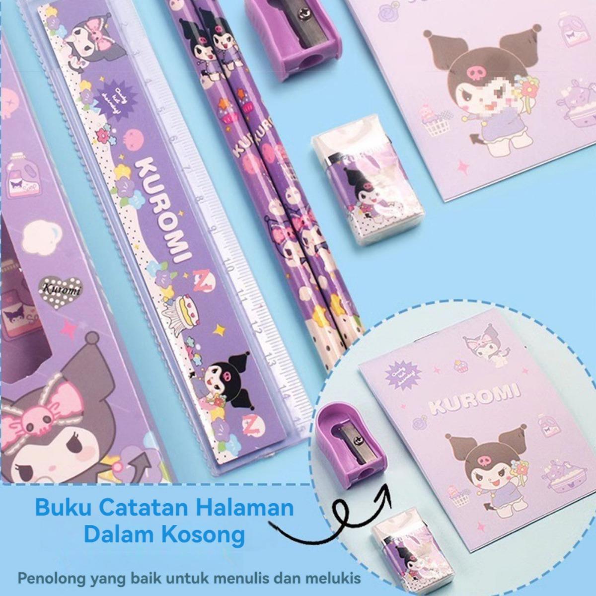 Set Alat Tulis Sanrio 7 in 1: Kotak Pensil, Penghapus & Perlengkapan Lucu Karakter Kuromi, My Melody, Cinnamoroll untuk Anak - Peralatan Sekolah, Stationery Collection, Back to School, Gift Idea
