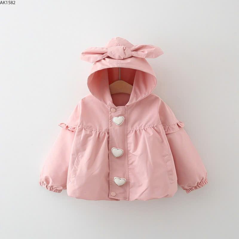 AK1582- Áo Khoác Cho Bé Gái Màu Hồng Mũ Nơ Cúc Trái Tim Size 10-21kg