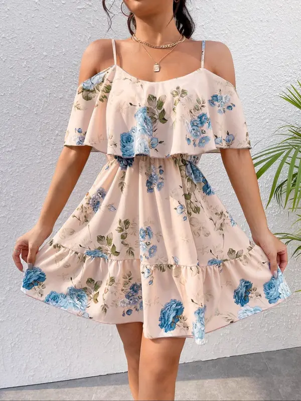 Women's Floral Print Cold Shoulder Ruffle A Line Dress, Boho Flounce Sleeve Short Dress for Beach Holiday Vacation, Ladies Summer Clothes 2