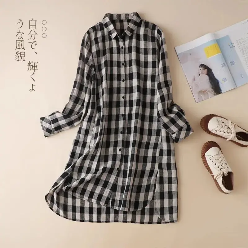 Black jumpsuit vintage polo-neck cotton linen long sleeve WOMEN'S blouse shirt Korean fashion female clothing tops 2024 Spring Womenswear Elastic