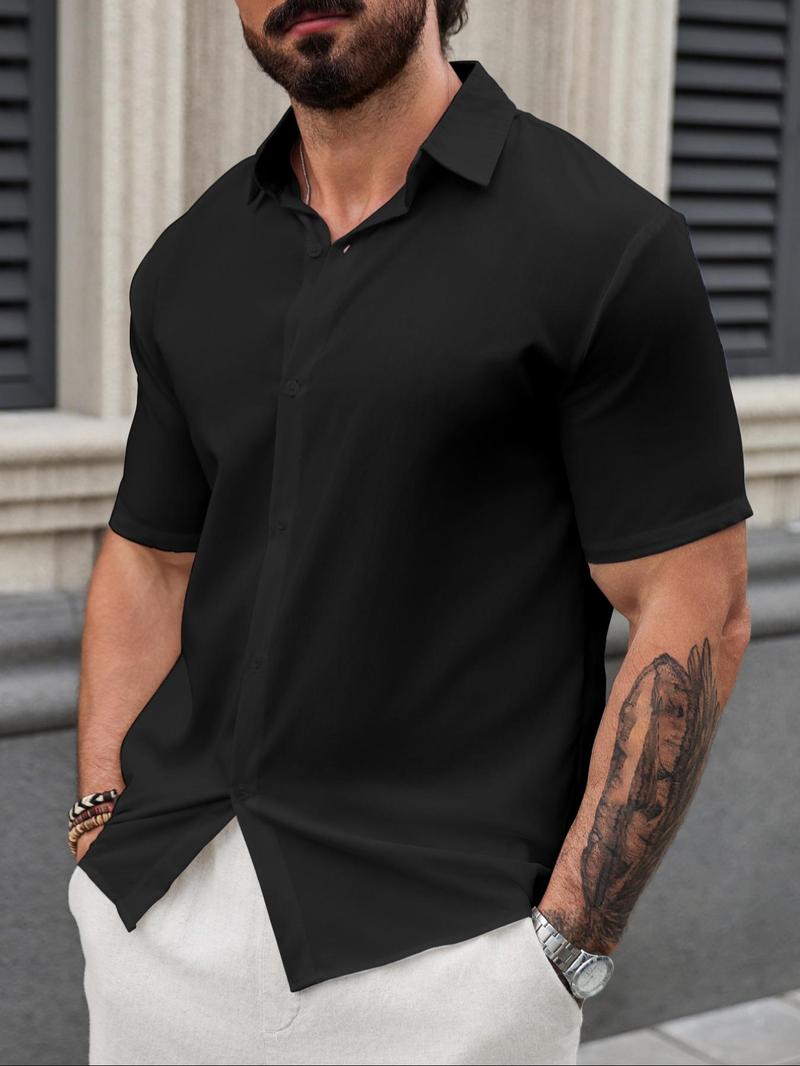 Product Introduction of Men's Regular Fit Solid Button Front Shirt, Casual Short Sleeve Collar Shirt for Summer, Fashion Men's Top for Daily Wear, Menswear 12