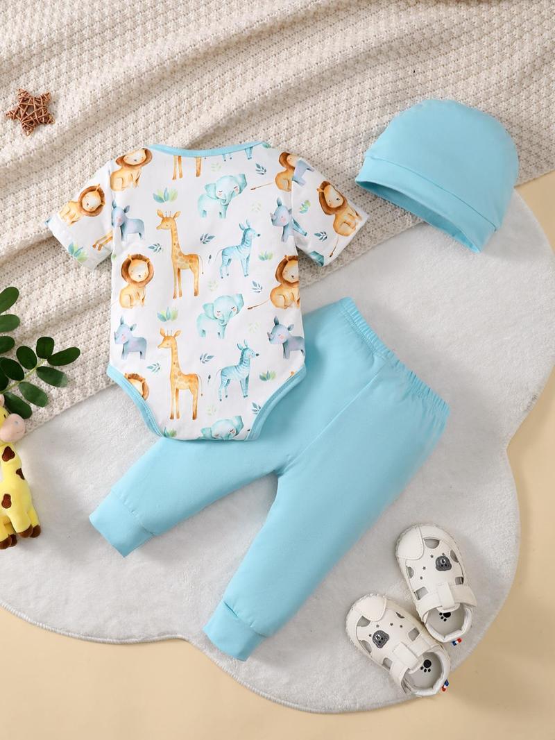 Product Introduction of Two-Piece Set Newborn Infant Baby Boys Outfits, Cute Cartoon Animal Print Short Sleeve Contrast Binding Bodysuit & Pants & Hat Set, Infant Kids Clothes for Daily Wear 2