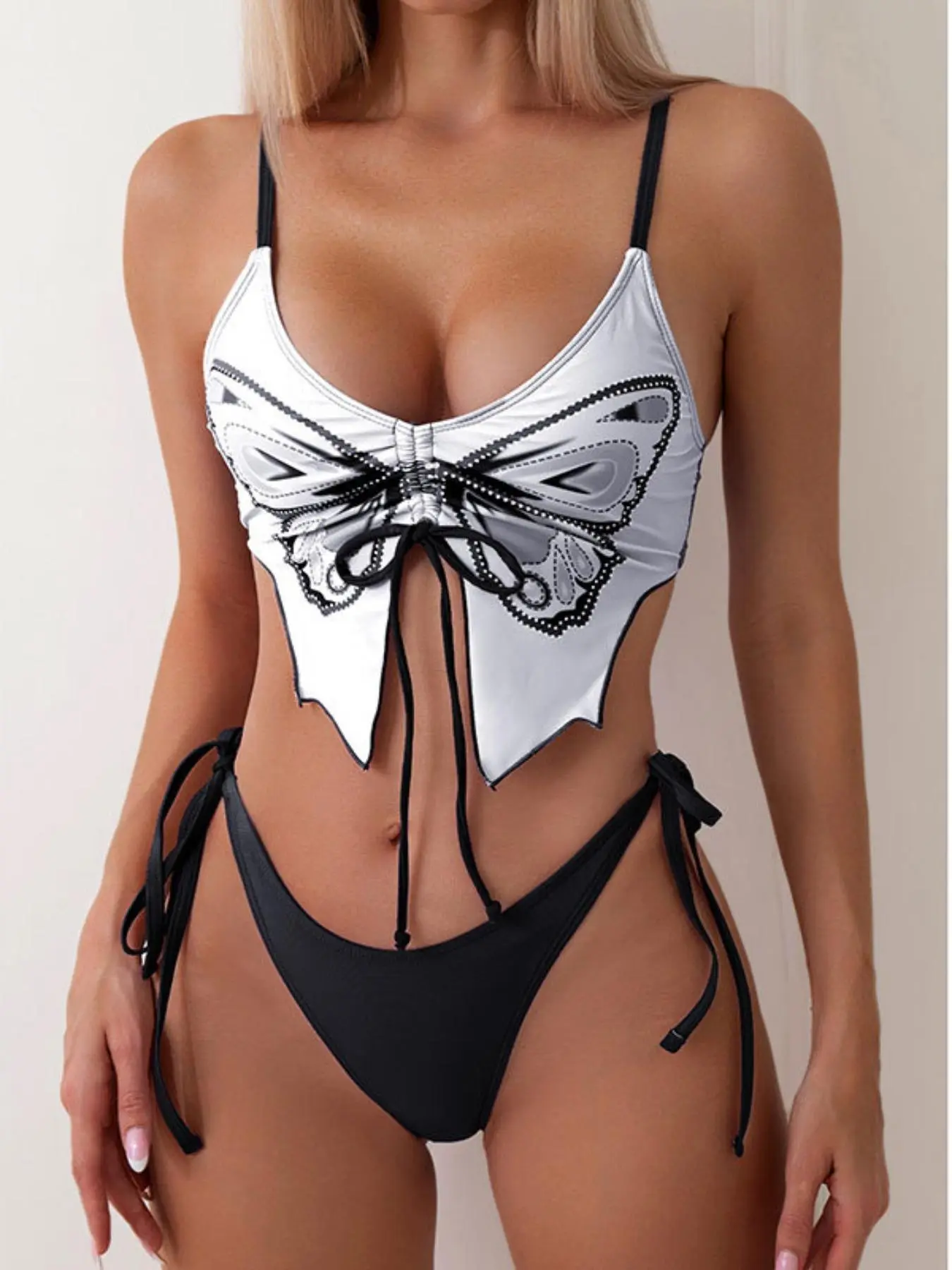 Two-Piece Set Women's Butterfly Print Bikini Set, Casual Tie Side Swim Top & Swim Bottom Two-piece Swimsuit for Beach Holiday Vacation, Ladies Swimwear for All Seasons