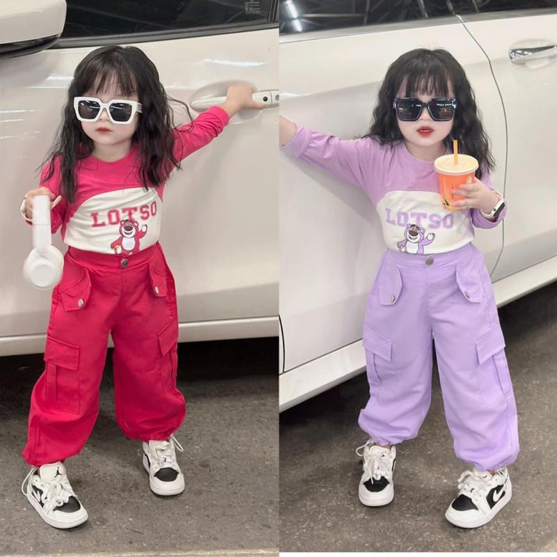 Đồ bộ bé gái - Bộ quần áo thu đông bé gái - Set Áo gấu Lotso pha trắng chất cotton tàu quần dài jogger size từ 8 đến 20 kg - SUN KID'S
